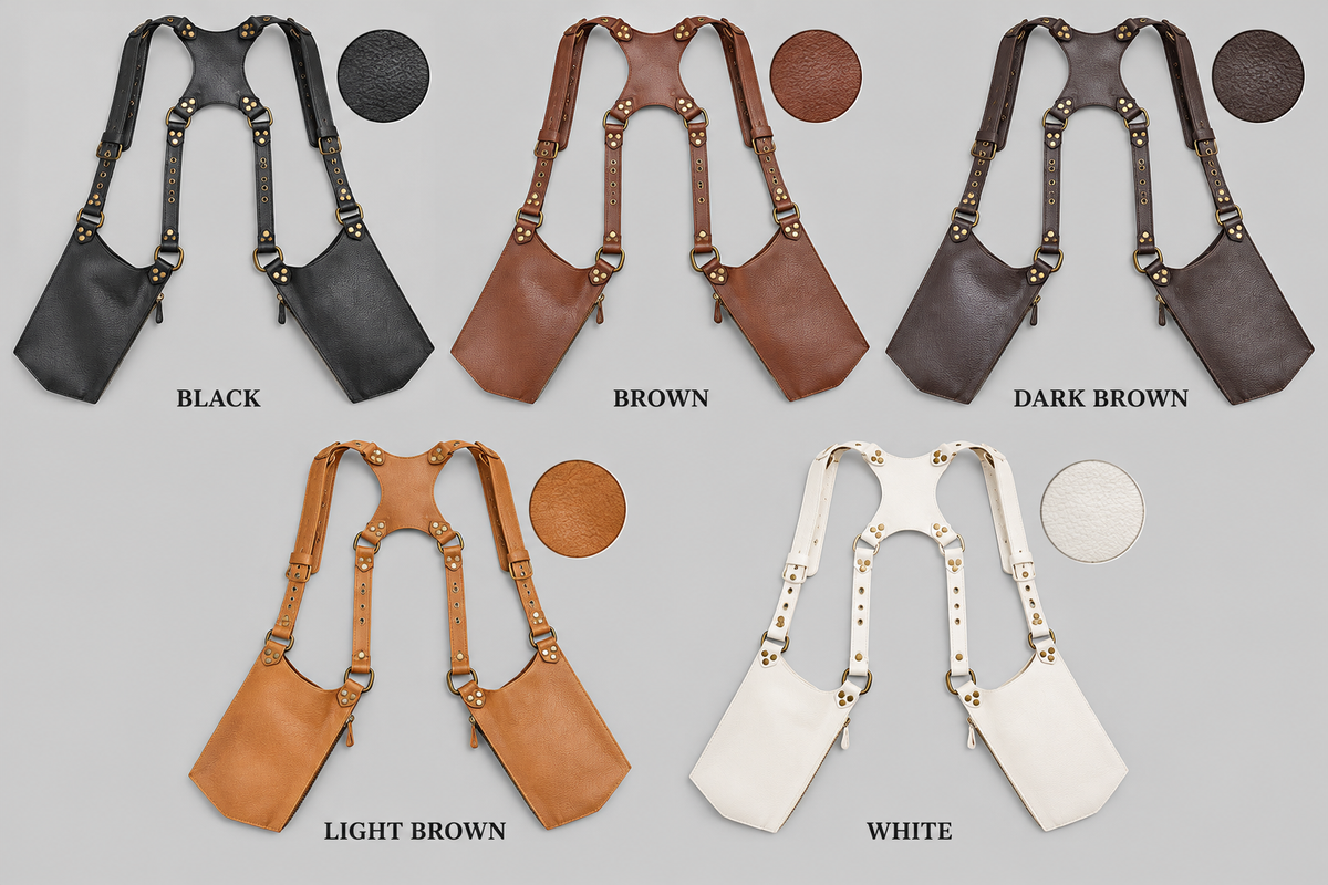 Alternative fashion brown leather thigh bags for rave outfits and outdoor music events.