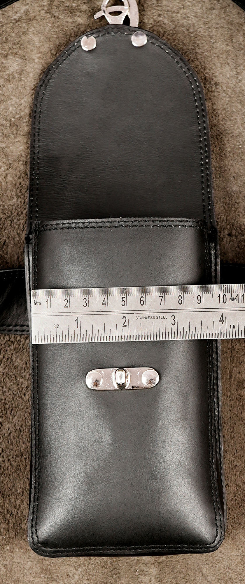 Leather cell phone belt bag, symmetrical flat lay
