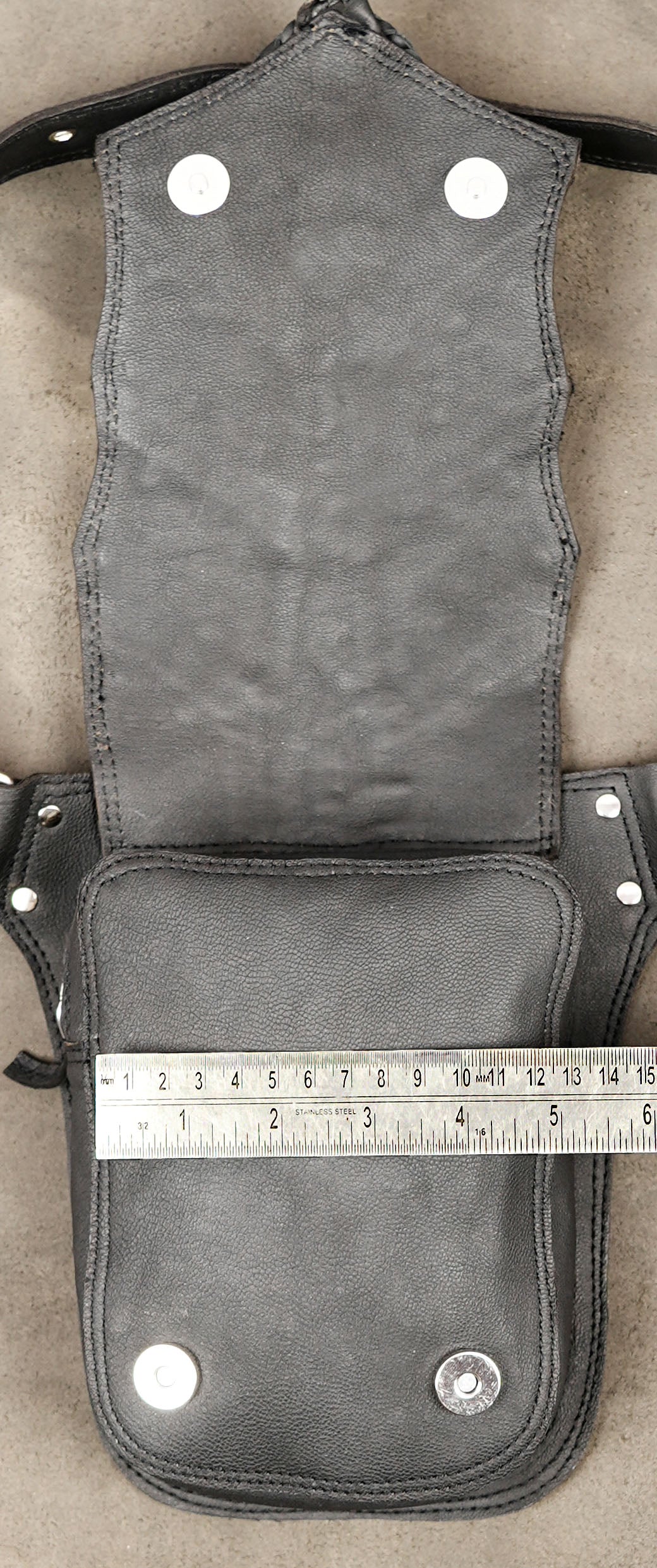Leather crossbody bag with silver studs, full flap view