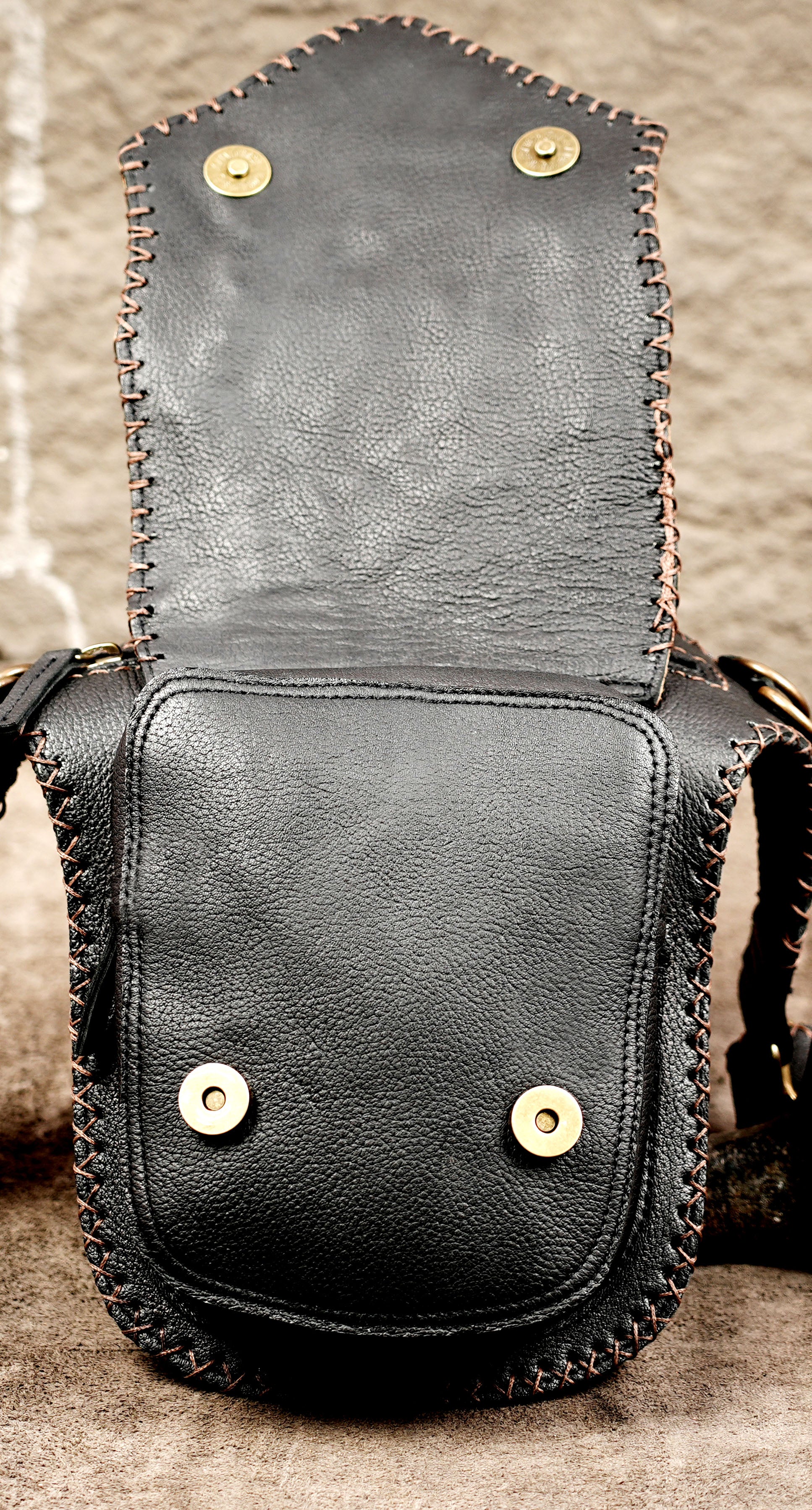 Leather crossbody hip bag with stone centerpiece, full view