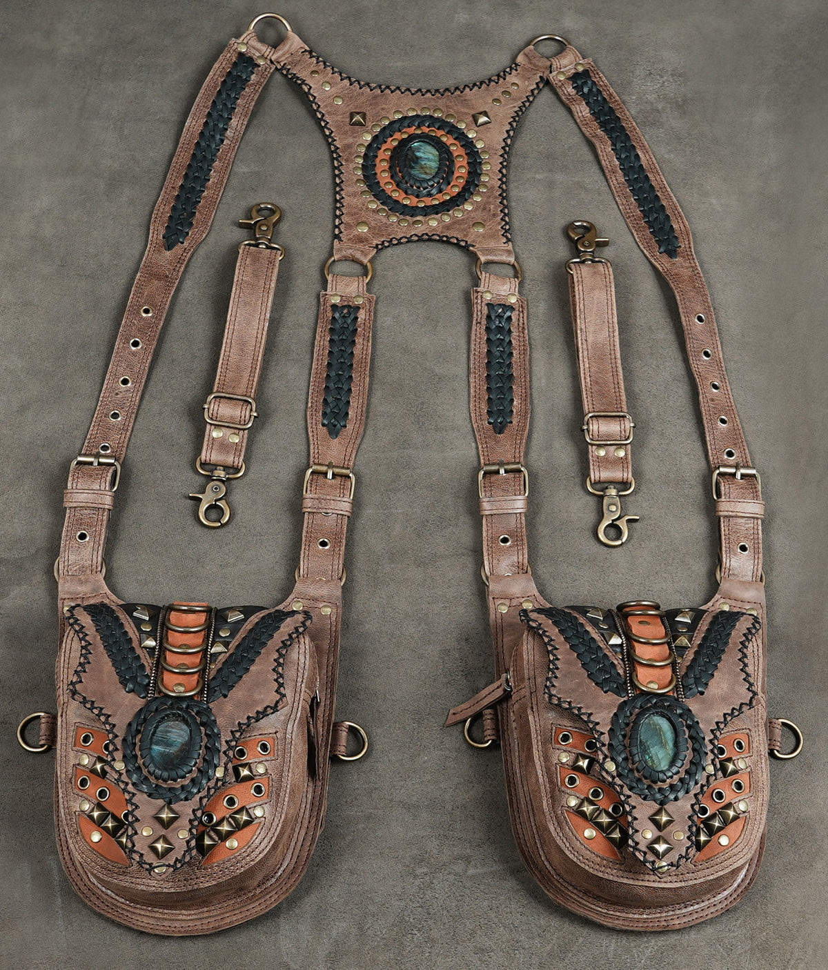 Leather double pouch harness bag with stone medallions