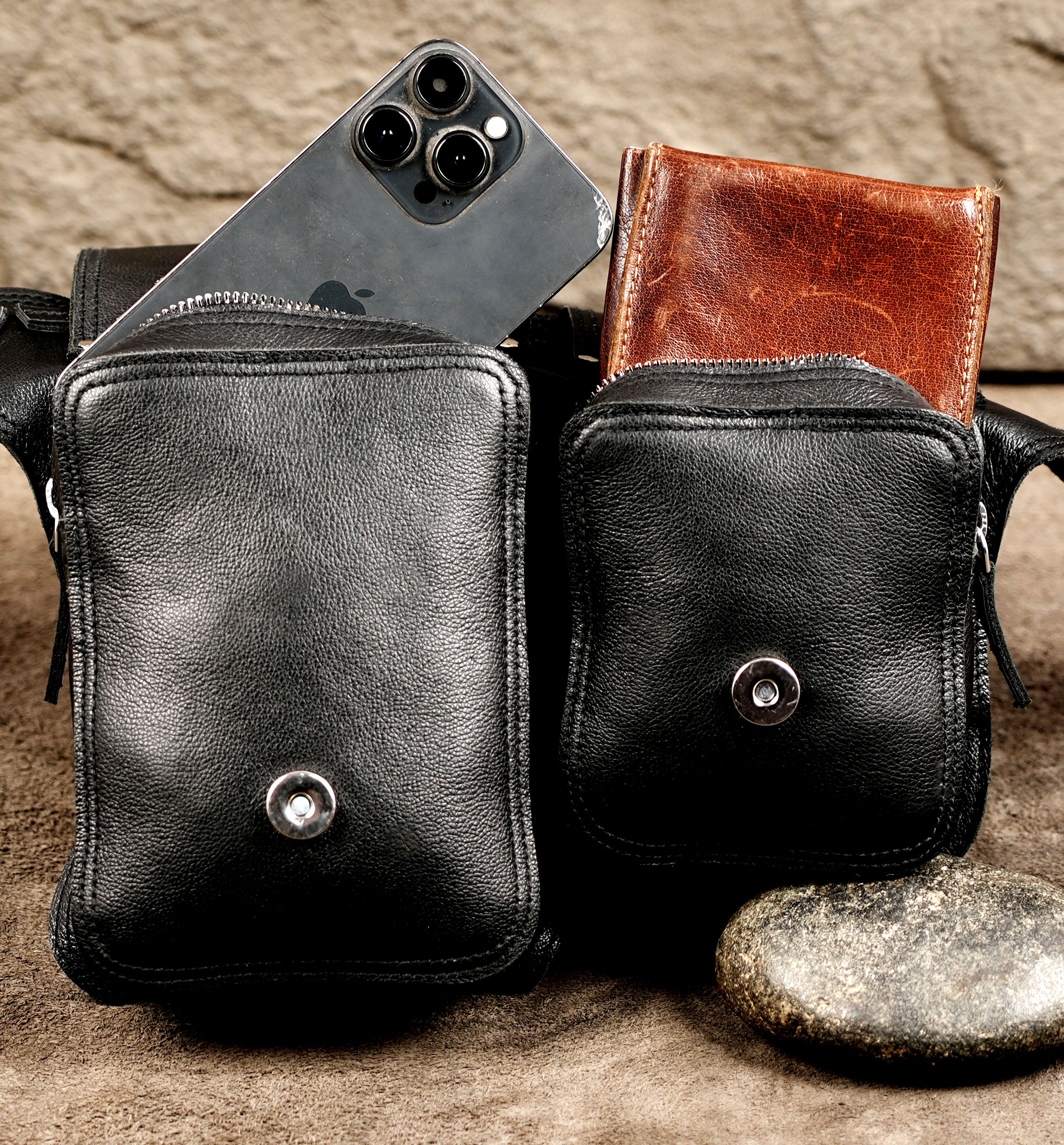 Leather festival bag with double pocket and zip top