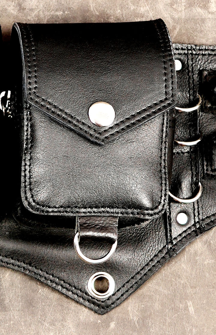 Leather festival belt with silver buckles and snap pockets