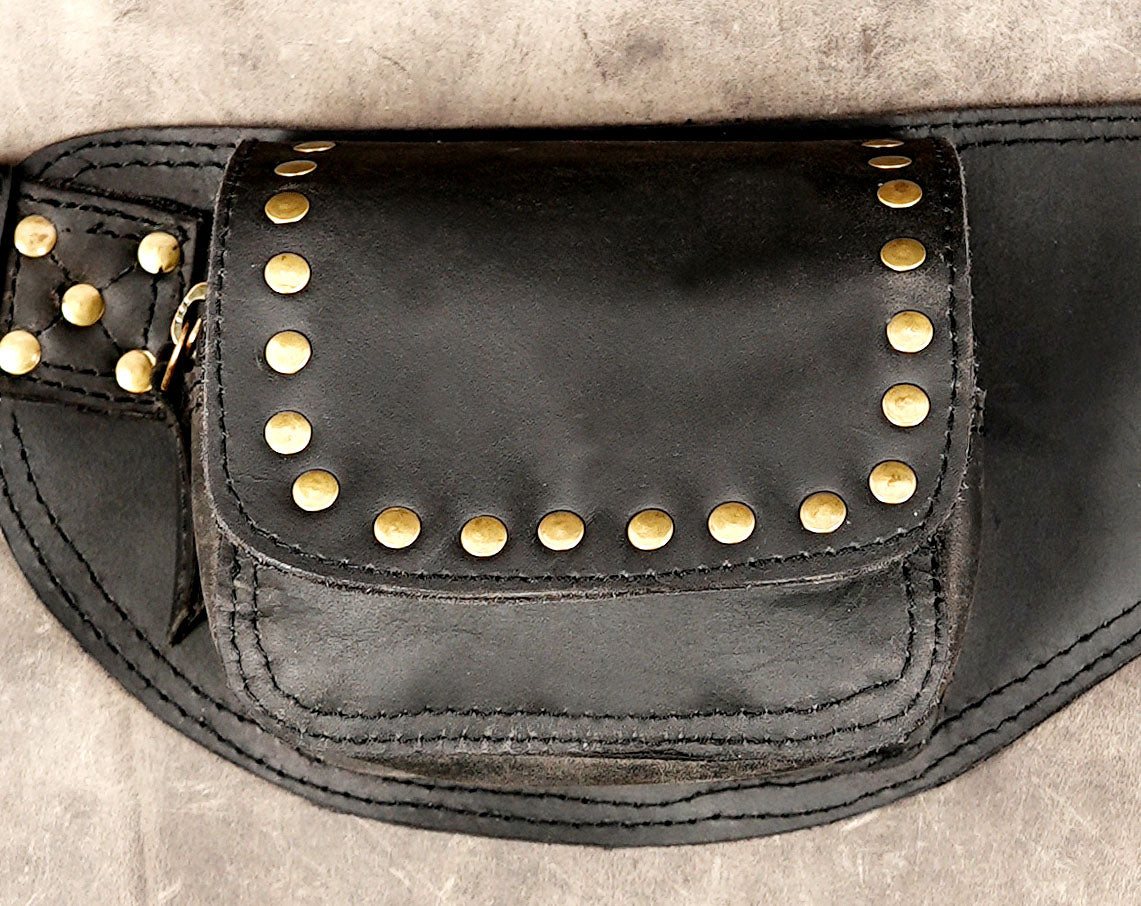 Leather festival belt with snap pocket and zip pouch