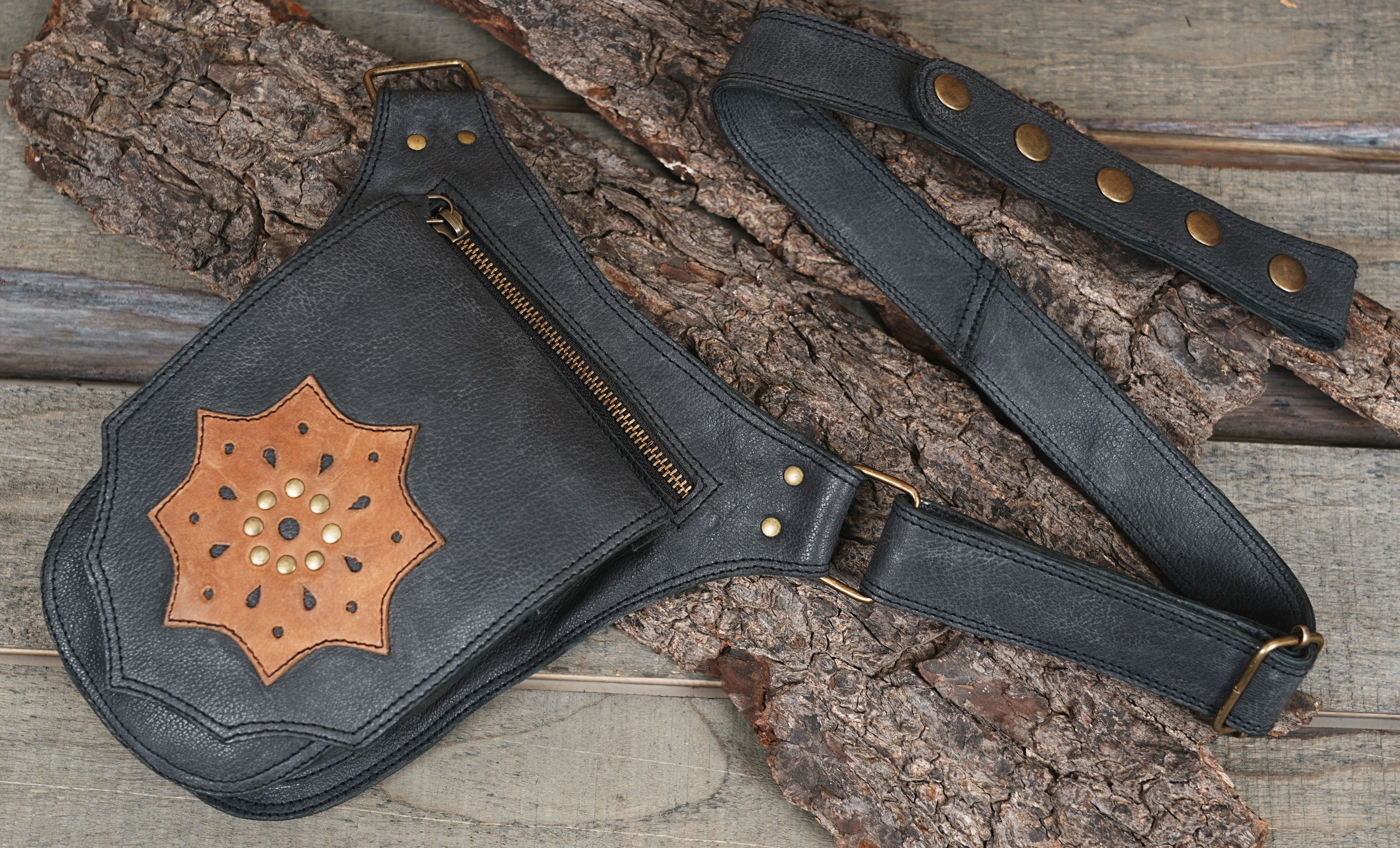 Leather festival hip bag with mandala star detail on front flap
