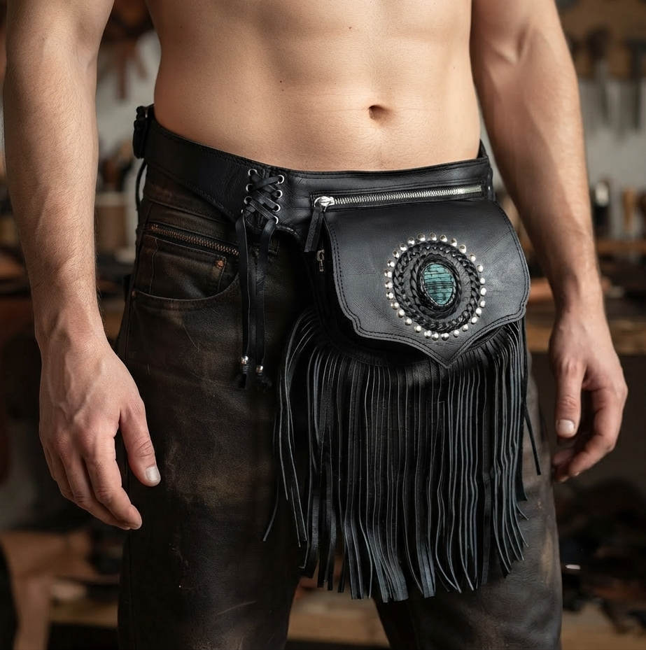 Leather fringe purse with gemstone medallion, top view