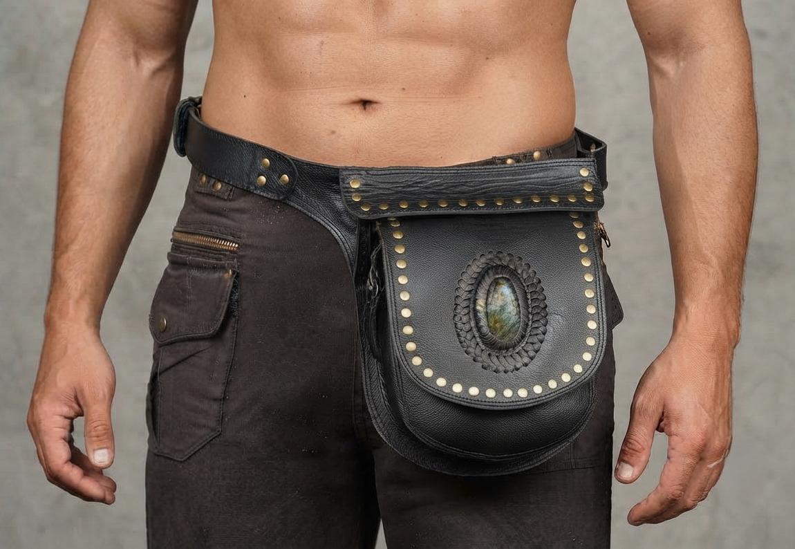 Leather crossbody hip bag with stone pendant, top view