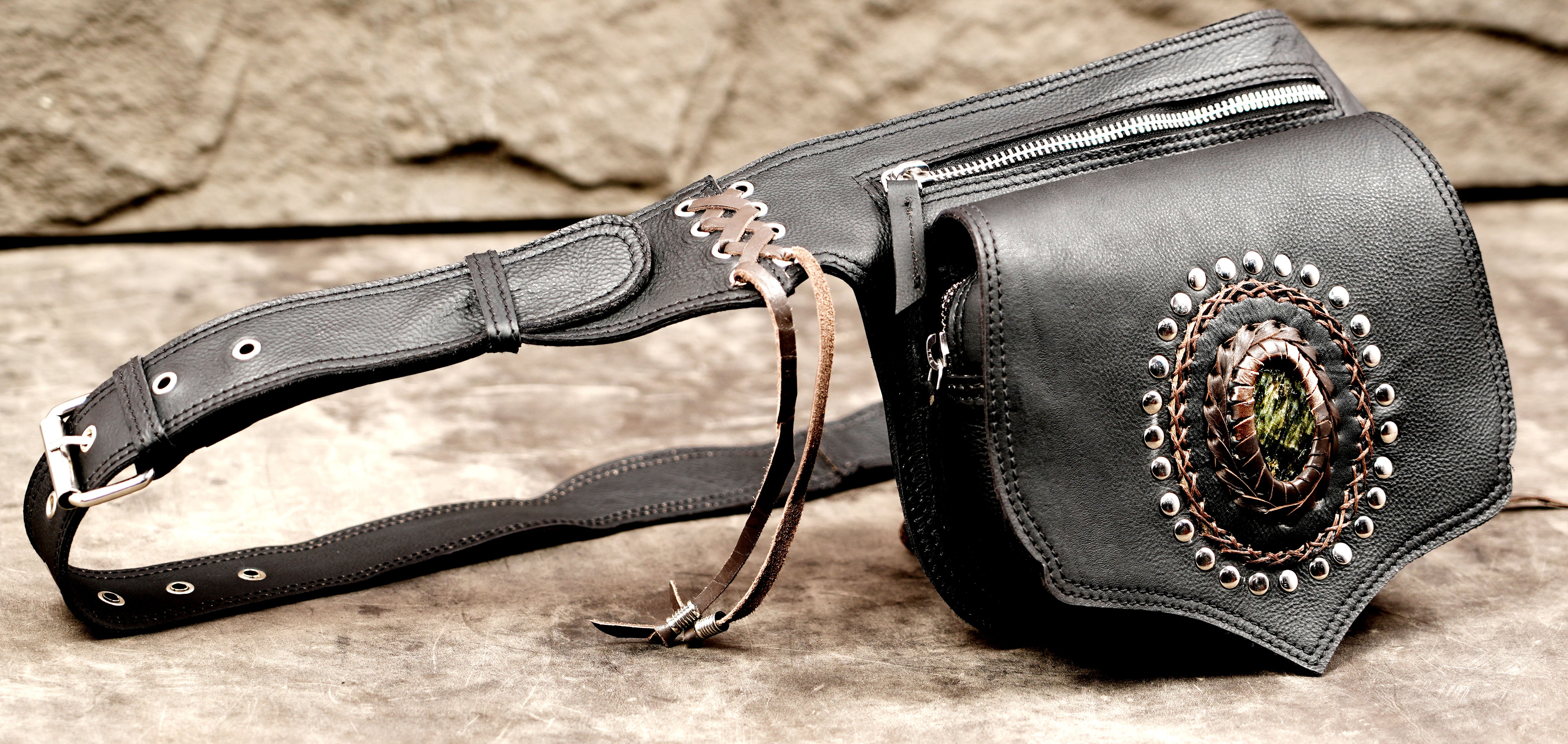 Leather lace up belt with crystal medallion, full display
