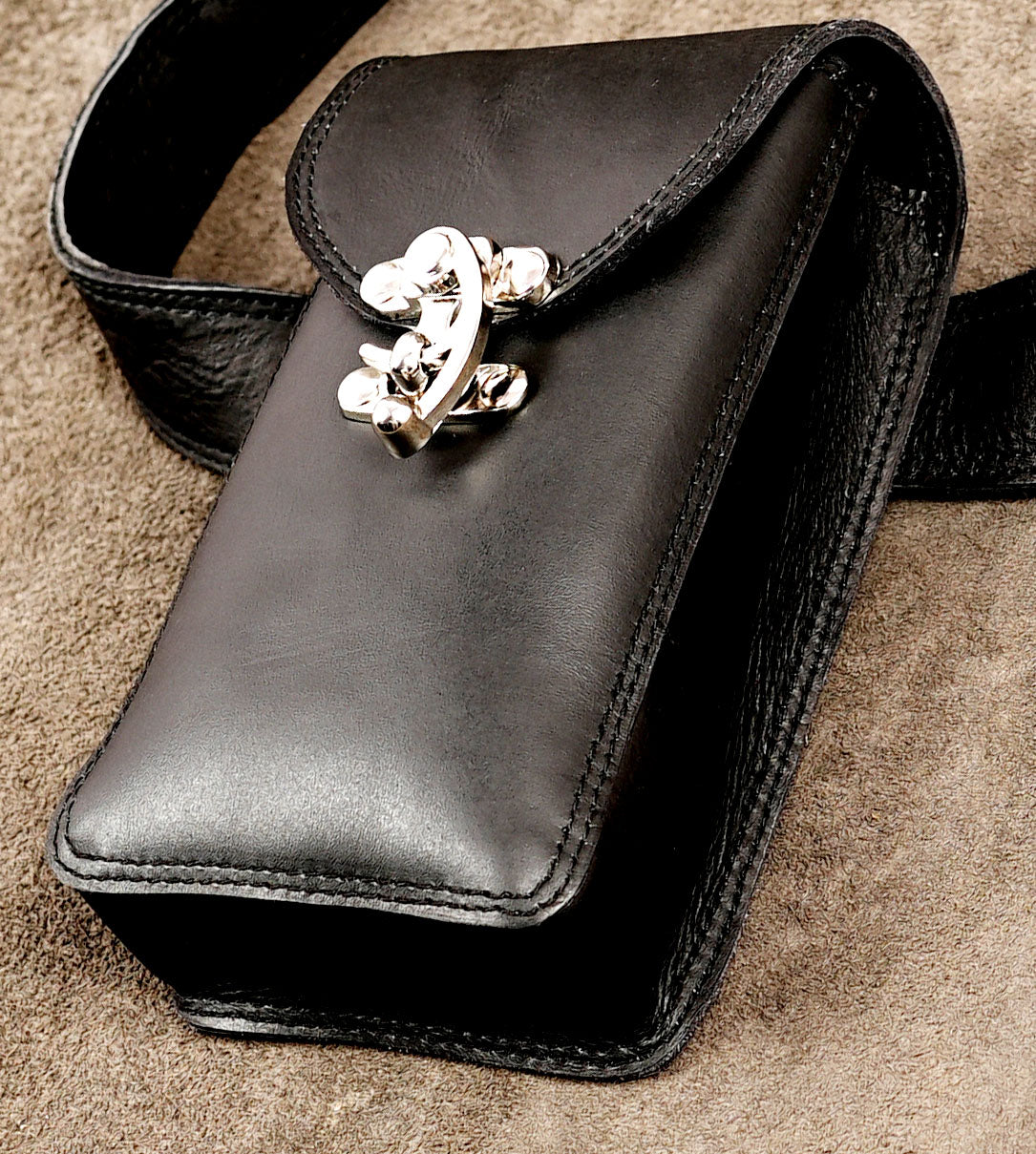 Leather smartphone pouch with decorative buckle latch