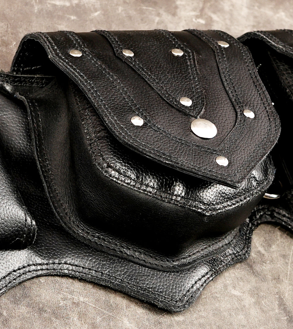 Leather tool belt with clip pouches and silver rivets