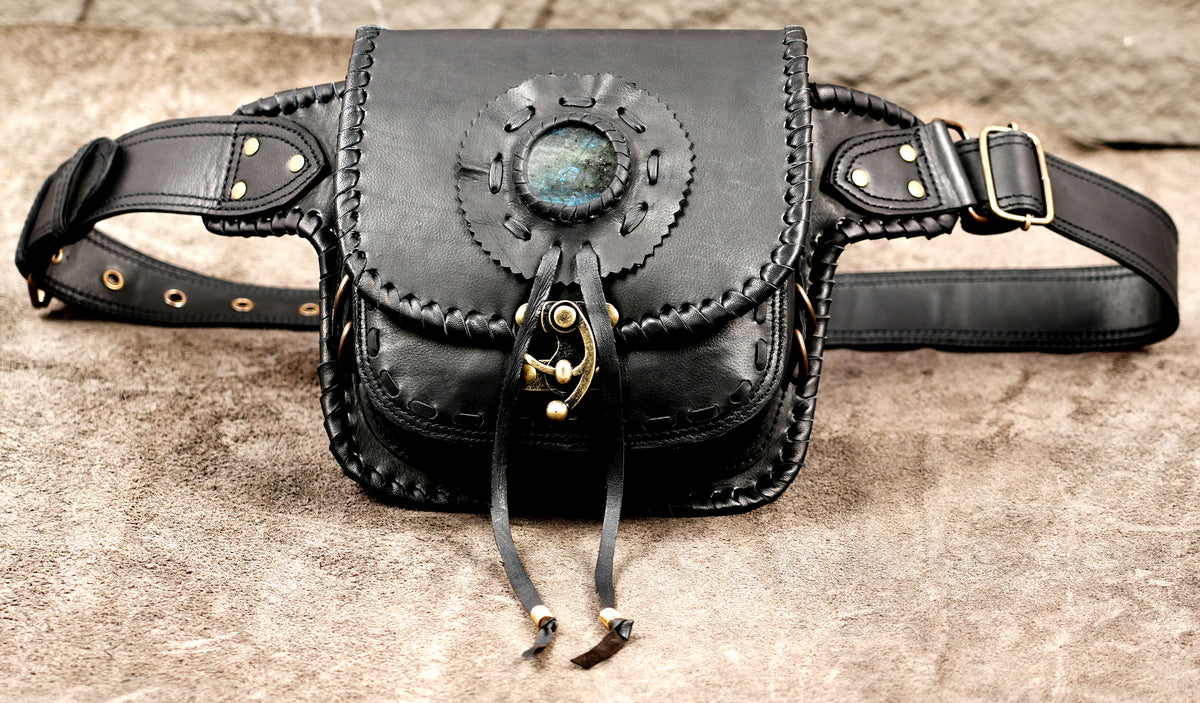 Black leather fanny pack with Natural Labradorite and metal details