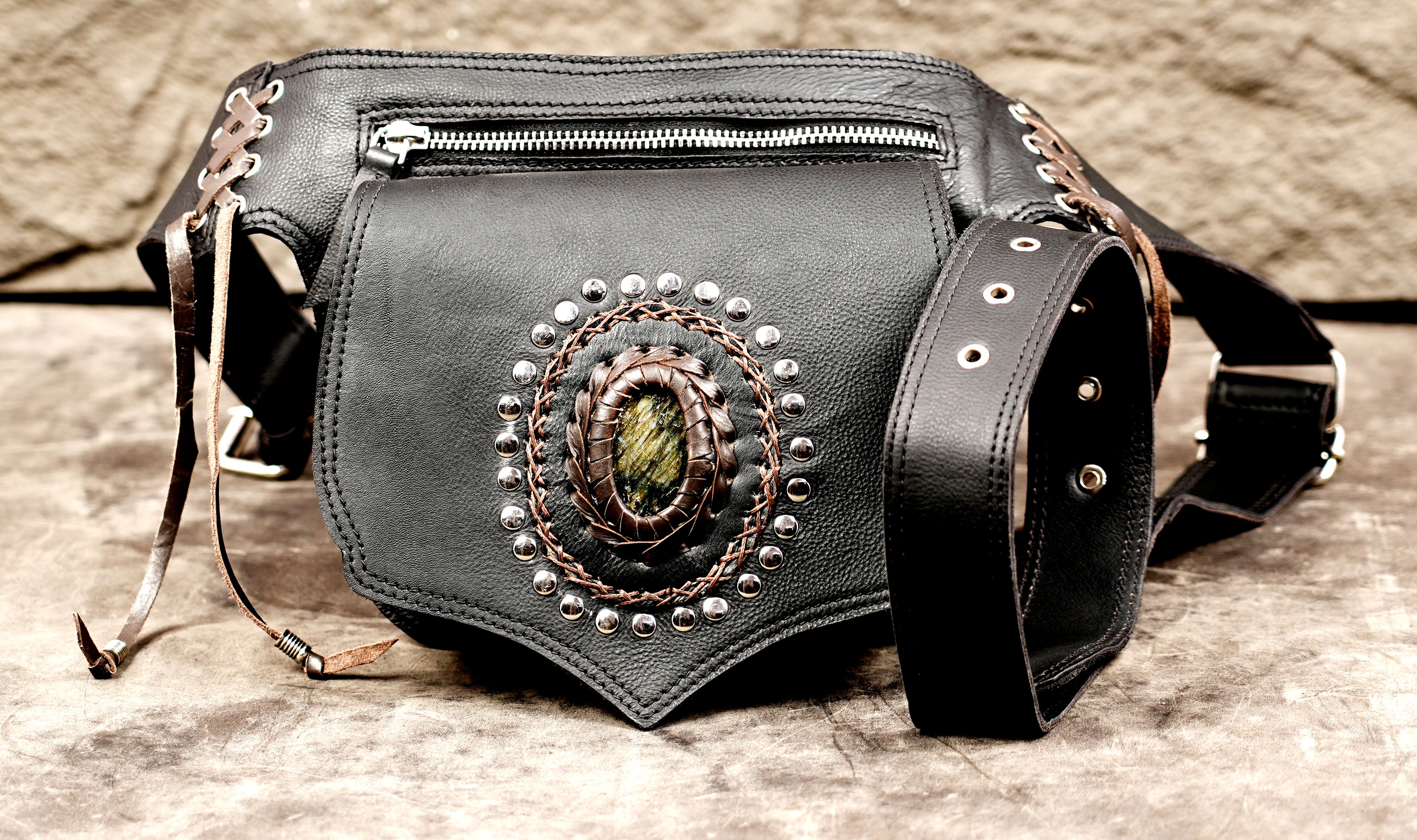 Leather waist pack with braided crystal frame and ties