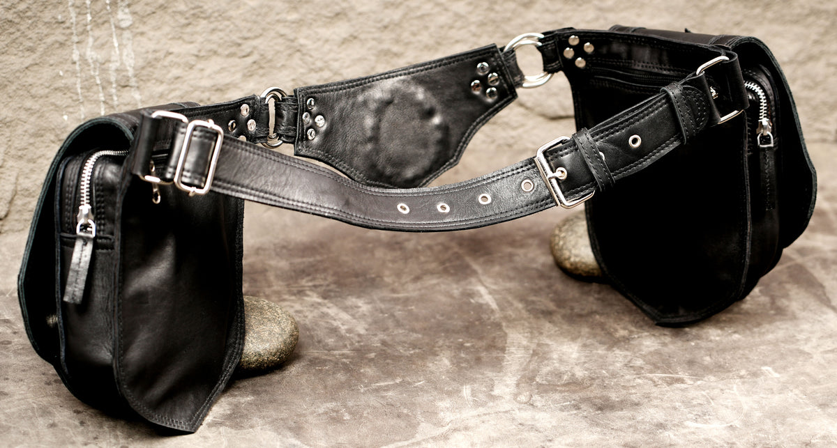 Leather warrior style belt with gemstone pockets, close up