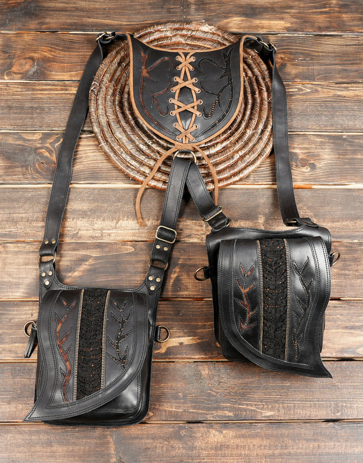 Black leather festival harness bag with two adjustable pouches