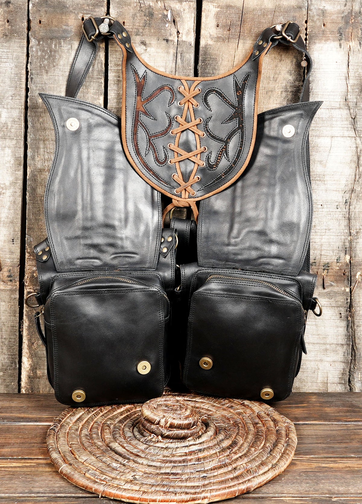 Handmade leather double pouch shoulder harness for festivals