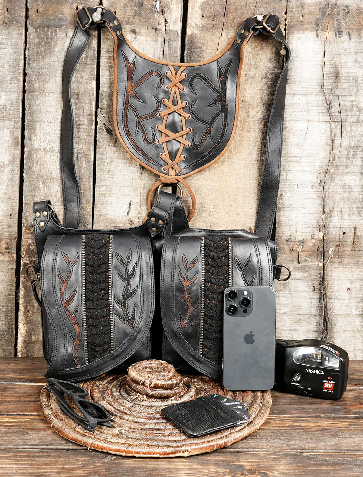 Black leather utility harness bag for Burning Man festivals