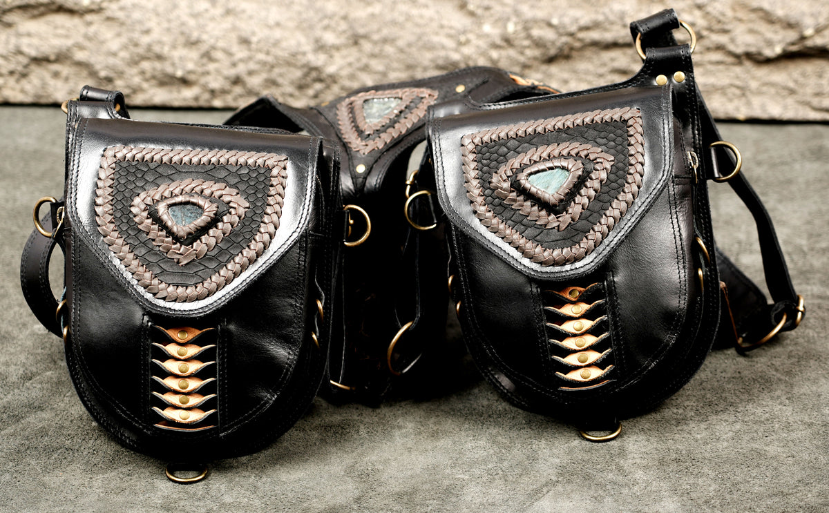Steampunk Leather Shoulder Rig with Natural Labradorite Accents and Adjustable Straps