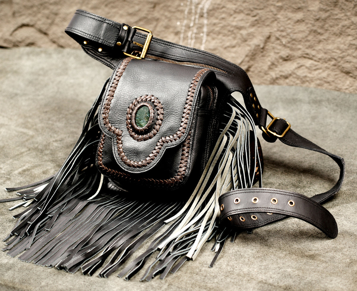 Handmade Black Leather Fringe Belt Bag Boho Festival Hip Pouch Adjustable Waist