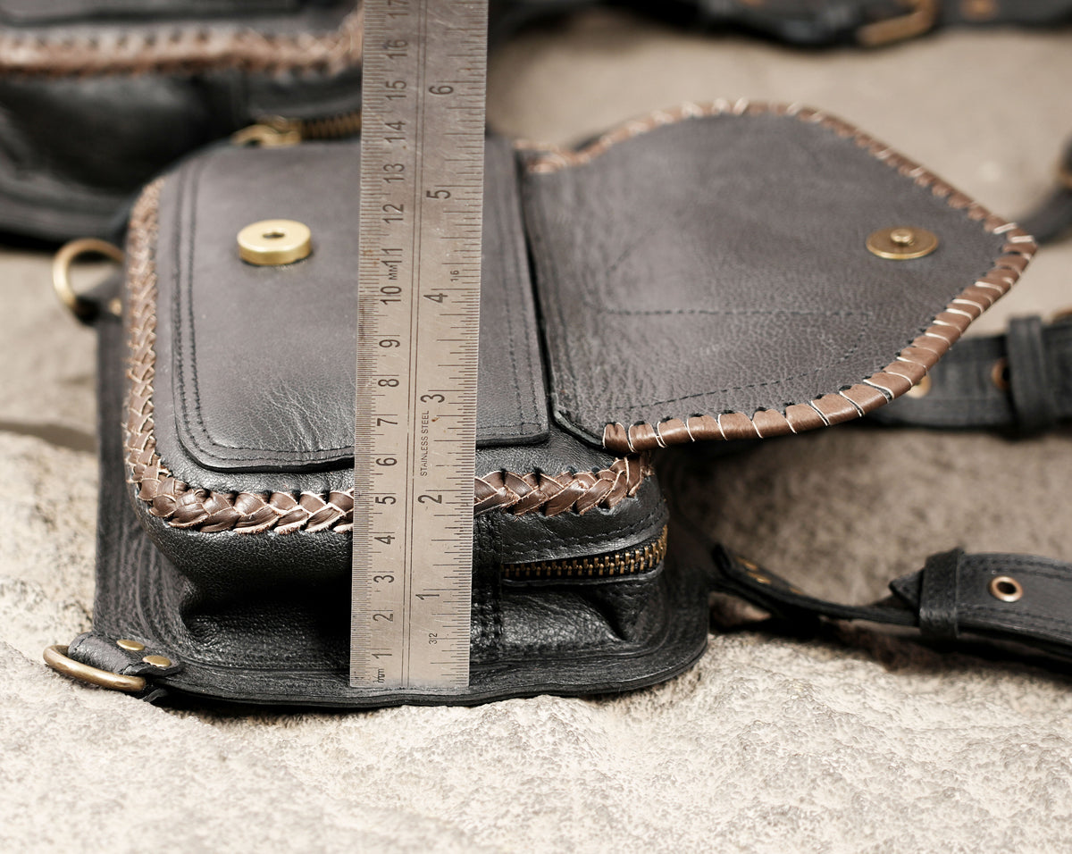 Handmade black leather utility holster set with brass buckles