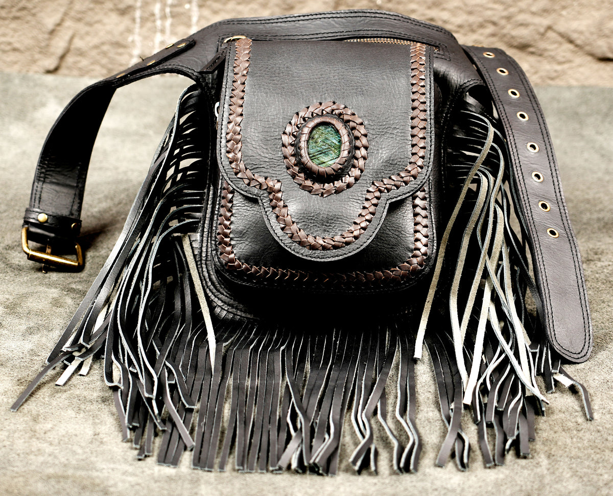 Handmade Black Leather Fringe Belt Bag Boho Festival Hip Pouch Adjustable Waist