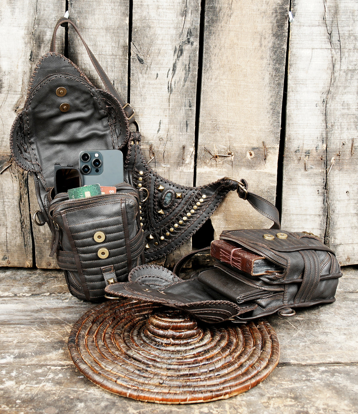 Leather festival utility bags with antique brass clips and adjustable straps