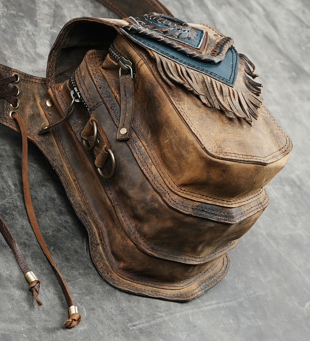 Leather fanny pack with adjustable waist belt and boho fringe