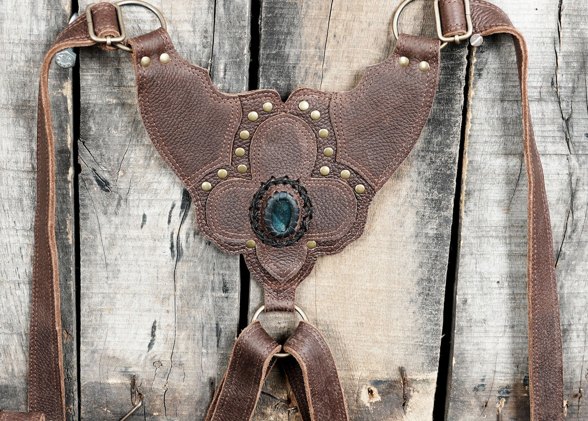 Leather shoulder holster bag with natural labradorite gemstones