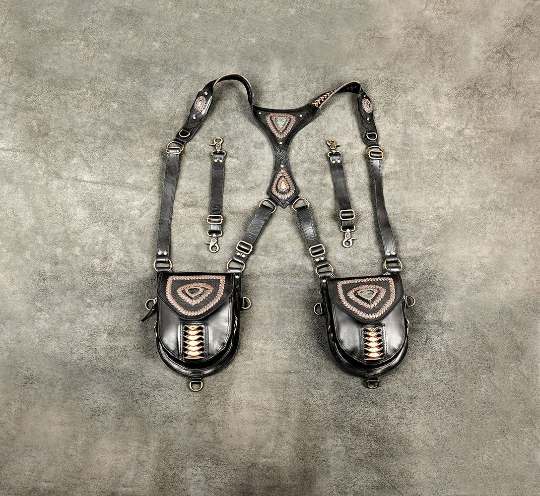Black Leather Steampunk Harness Bag with Dual Pockets and Antique Brass-Tone Fittings