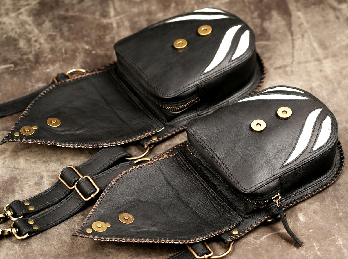 Handcrafted leather-style festival harness with detachable waist pouches