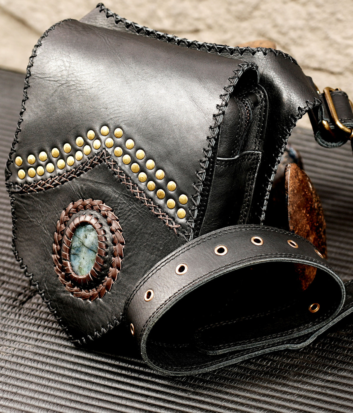Natural Labradorite leather waist belt for festivals