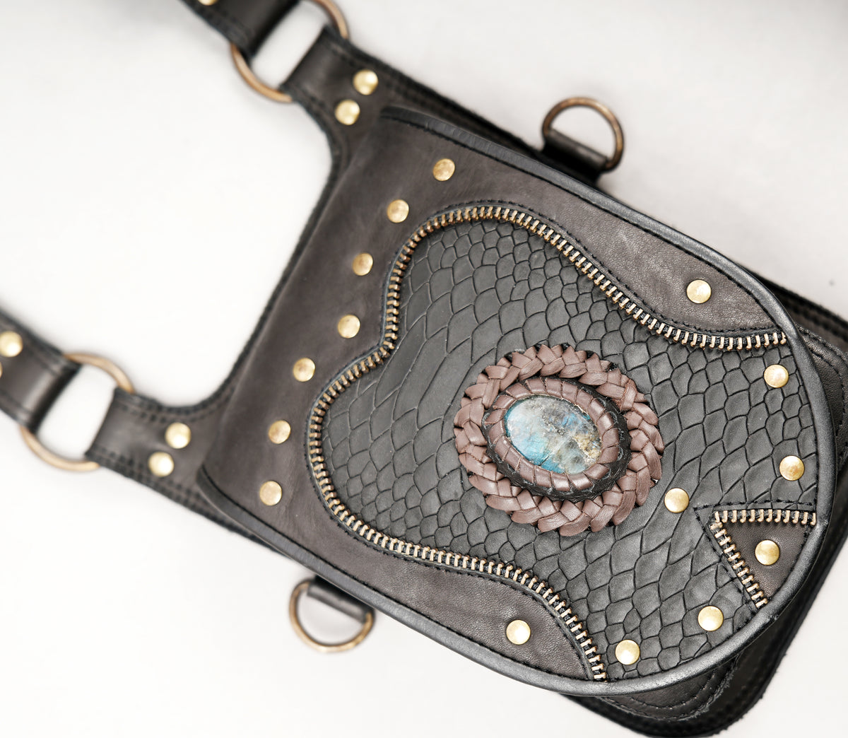 Boho black leather hip pouch set with turquoise gemstones and decorative metal studs