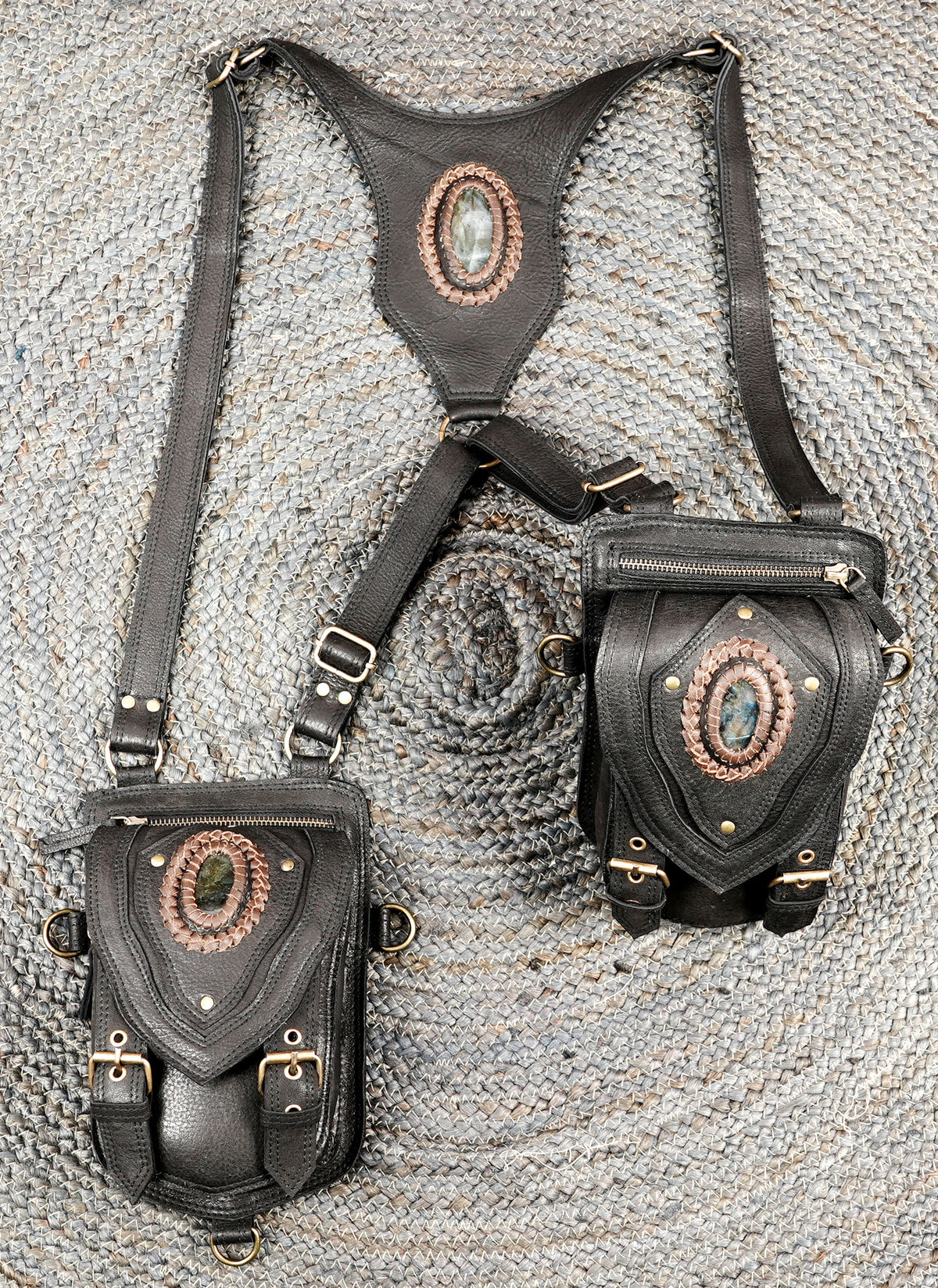 Black Leather Dual Pocket Harness Bag for Burning Man and Outdoor Events

