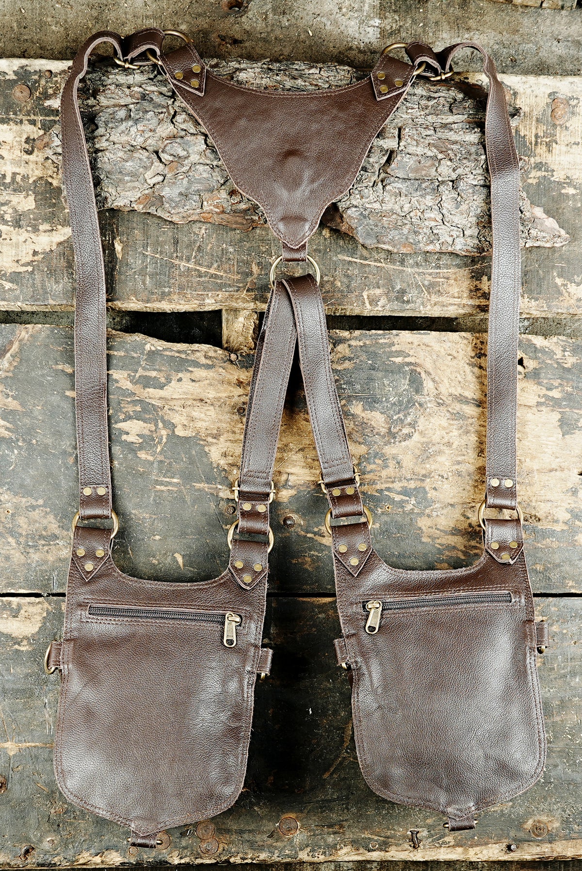 Burning Man outfit accessory with double leather pouches and adjustable shoulder straps