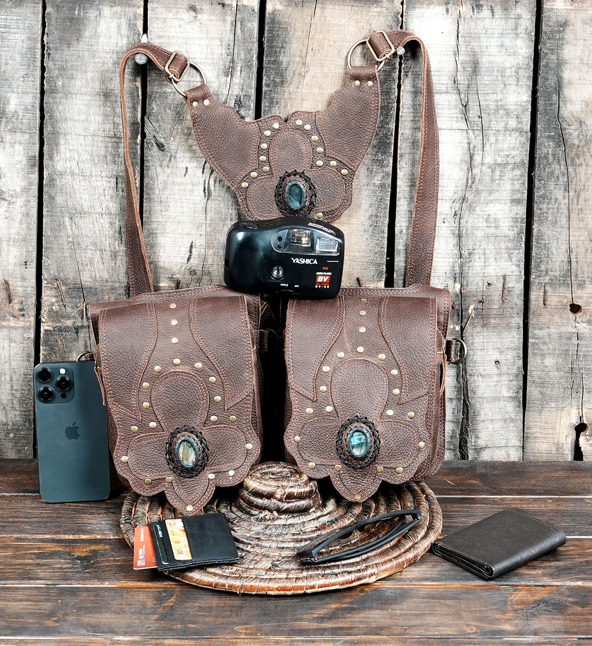 Unisex brown leather harness pouch bag for travel and festivals