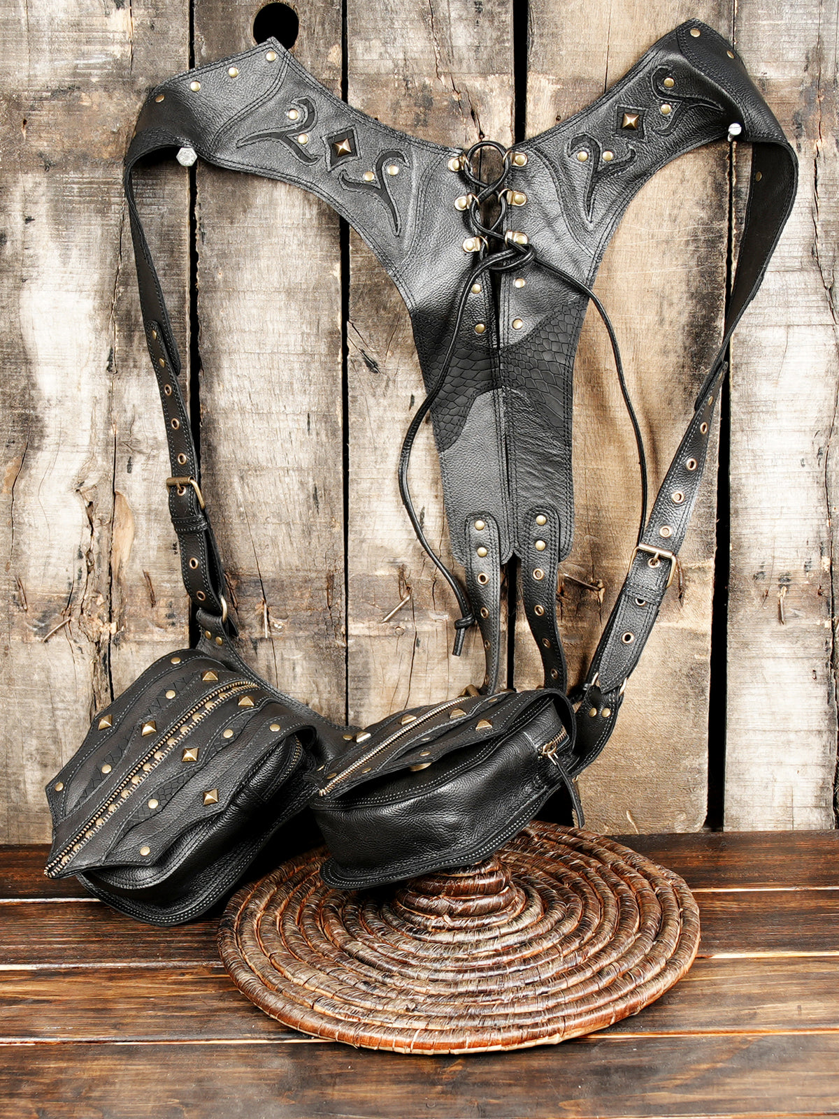 Unisex Black Leather Double Hip Pouch Harness with Studs