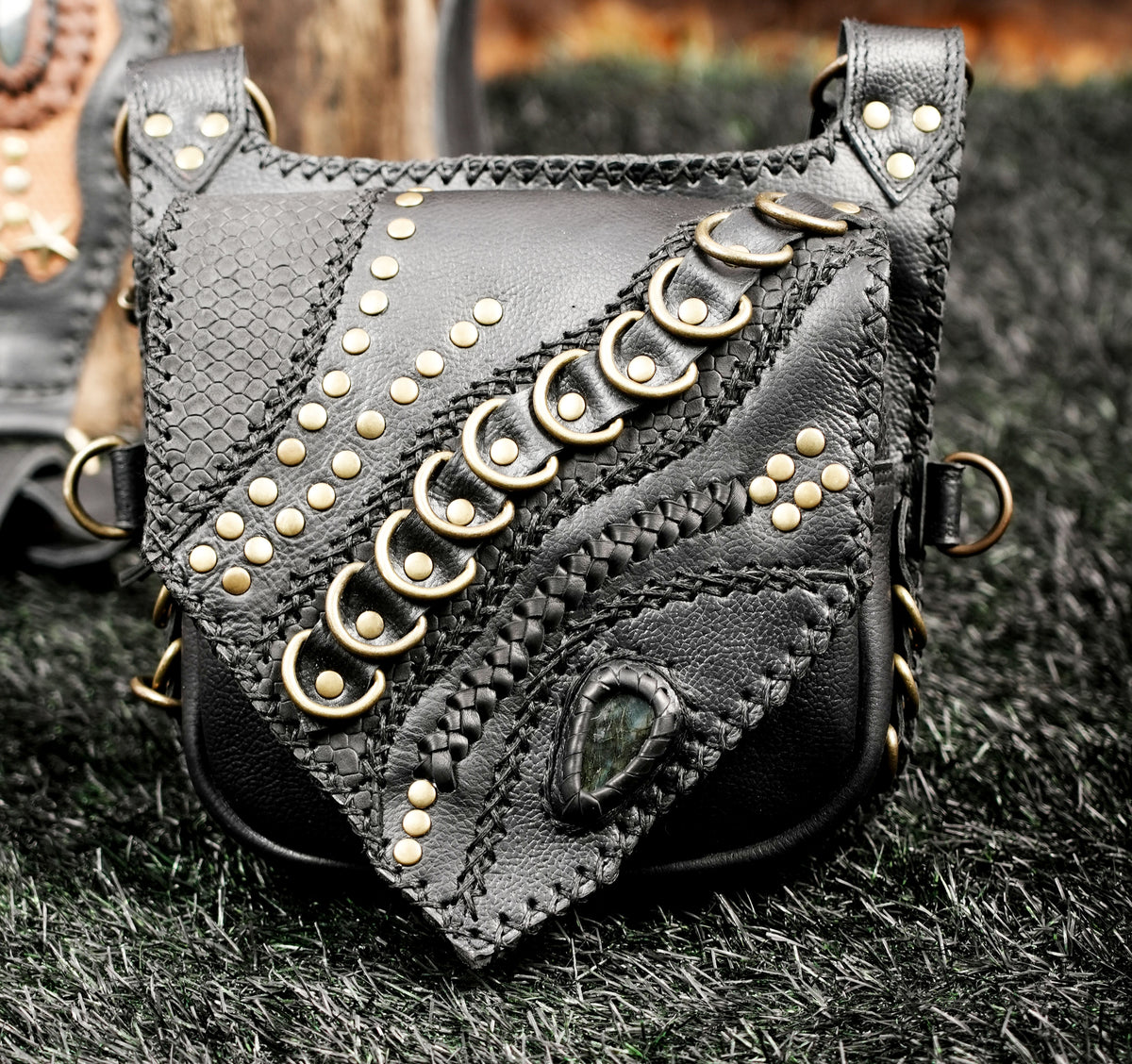Black Leather Shoulder Holster Bag with Studded Dual Pouches