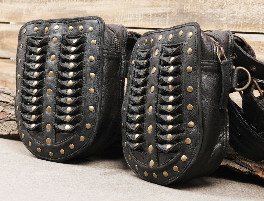 Black leather festival leg harness with adjustable buckles and metal fittings