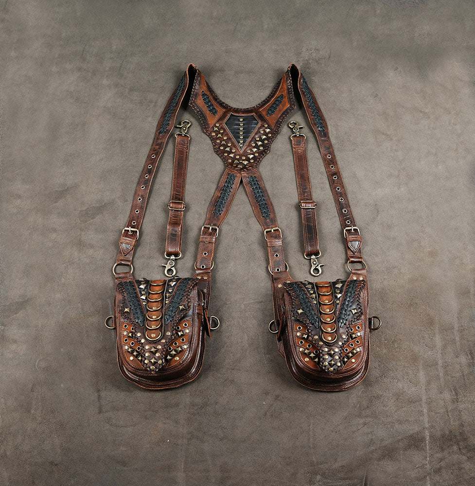 Handmade brown leather harness bag set with decorative metal studs and adjustable shoulder straps