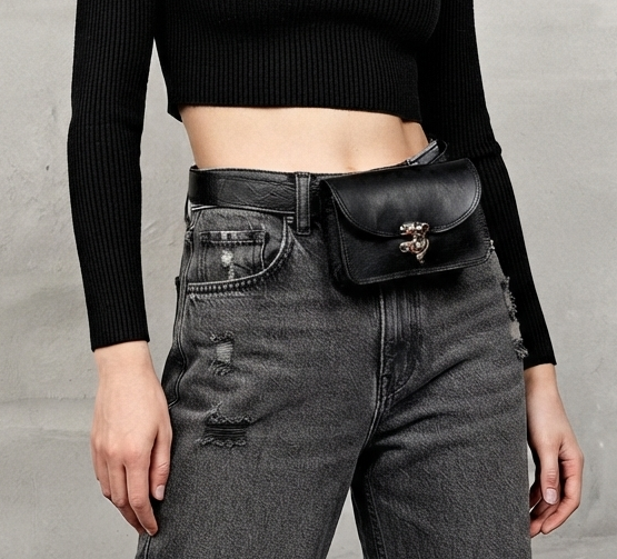 Minimalist leather waist bag with adjustable strap, flat lay