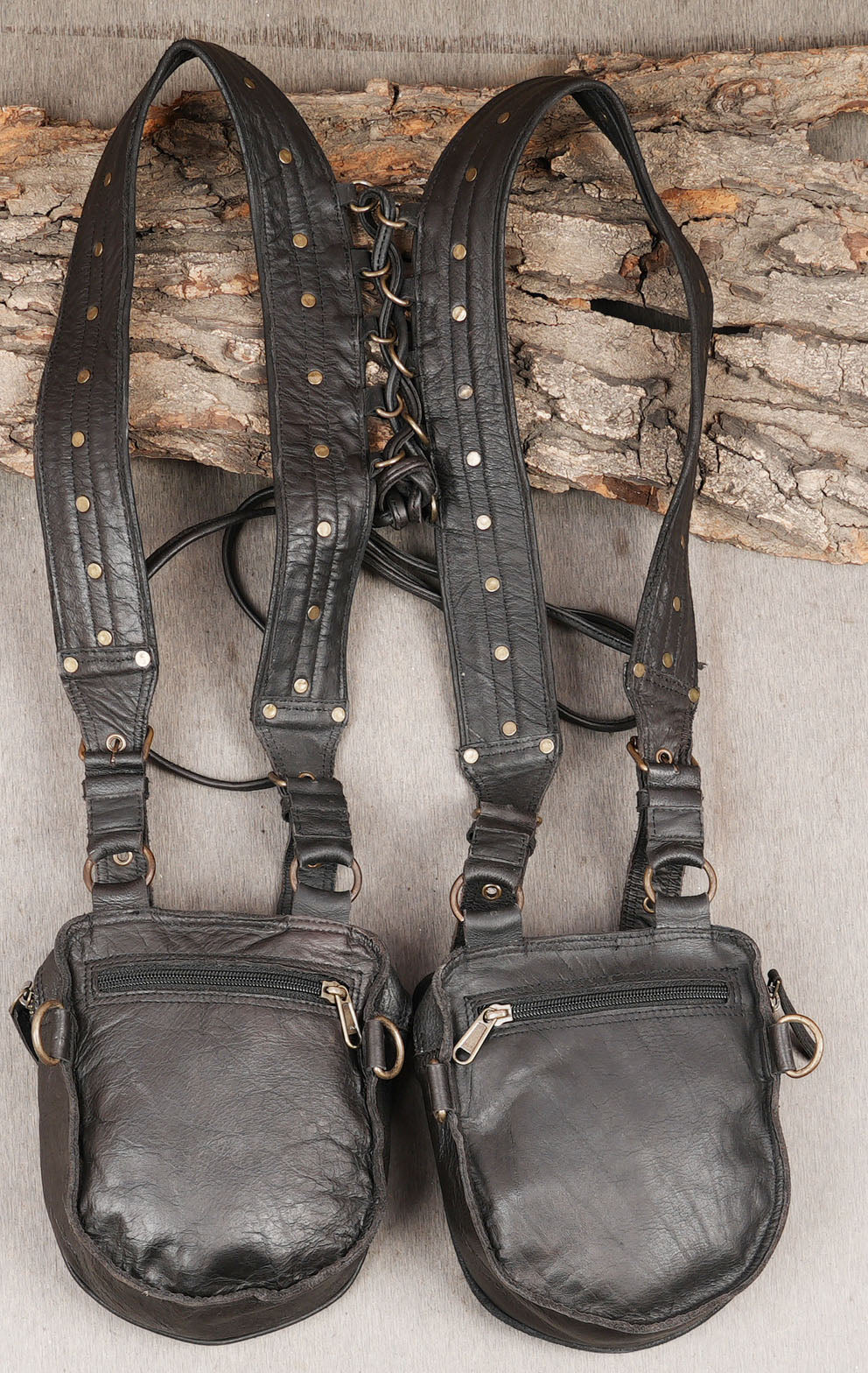 Black leather thigh harness accessory for gothic and steampunk outfits