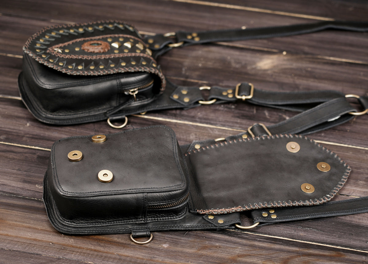 Unisex leather waist harness bag with matching studded pouches for festivals
 