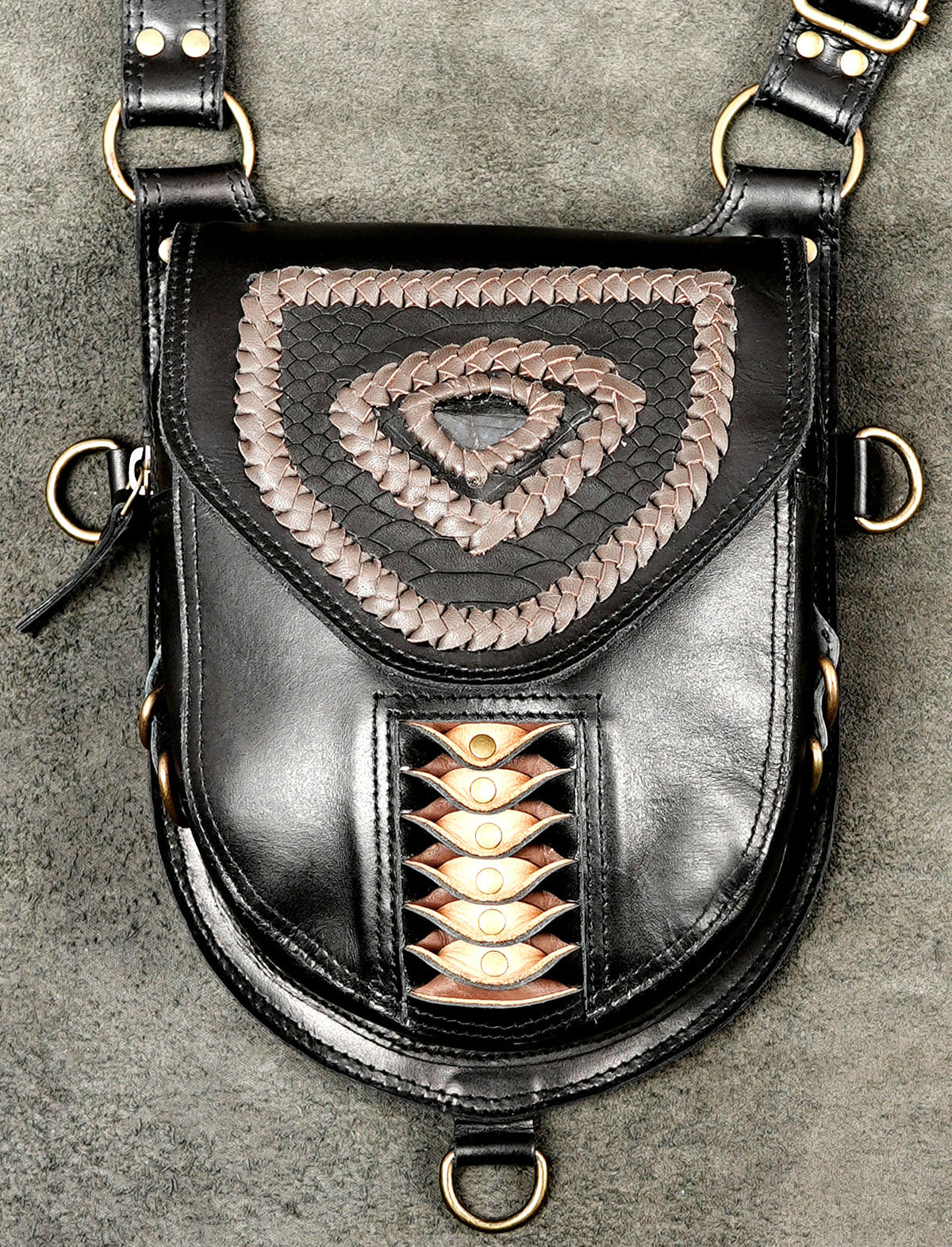 Artisan Leather Festival Bag with Twin Pouches and Antique Brass-Tone Hardware