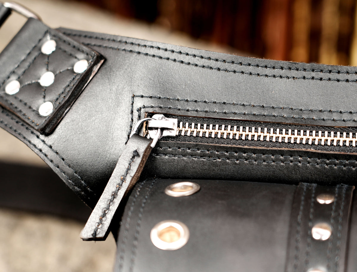 Moto style leather hip pouch with adjustable long strap