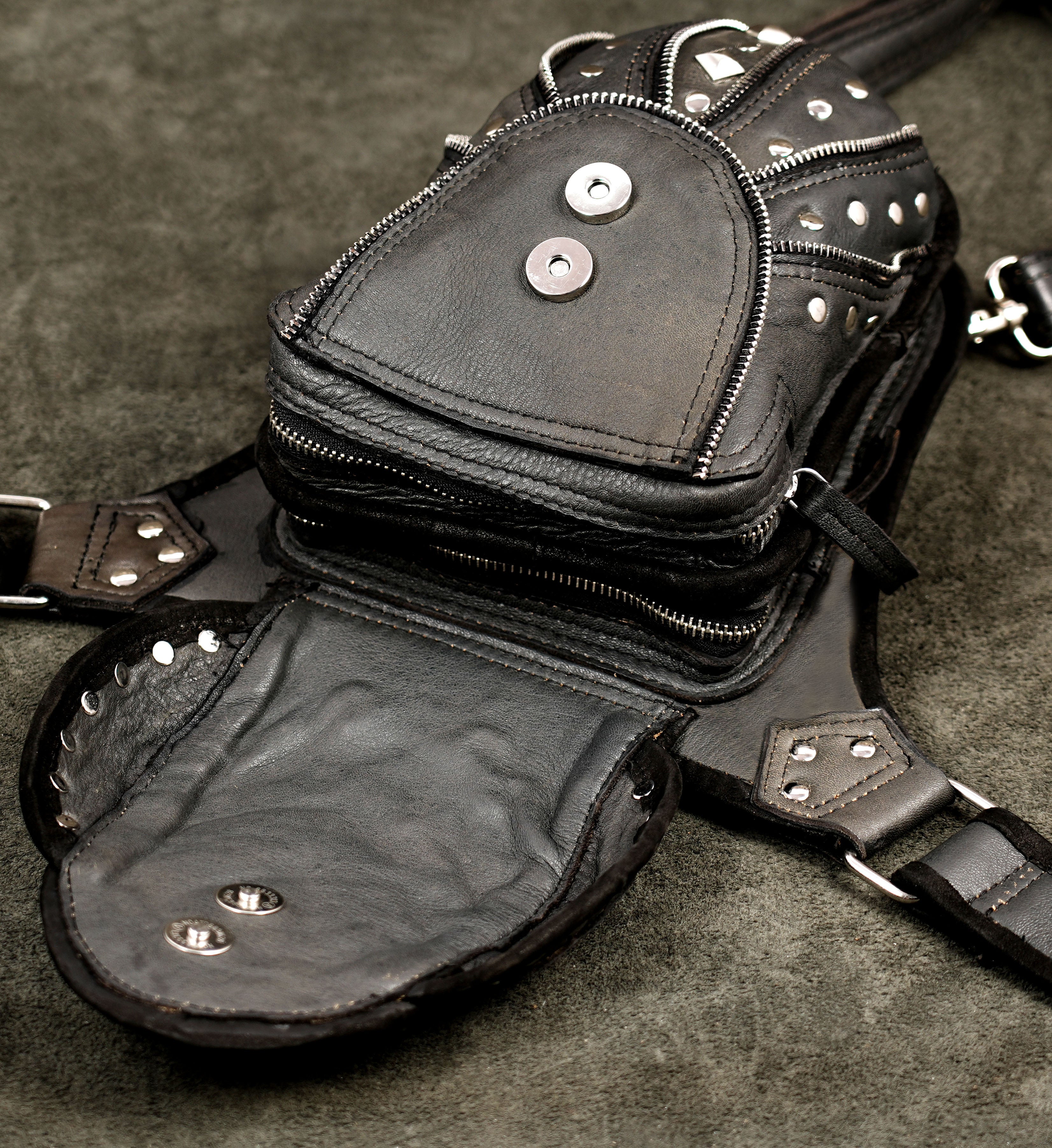 Moto style leather holster bag with silver hardware