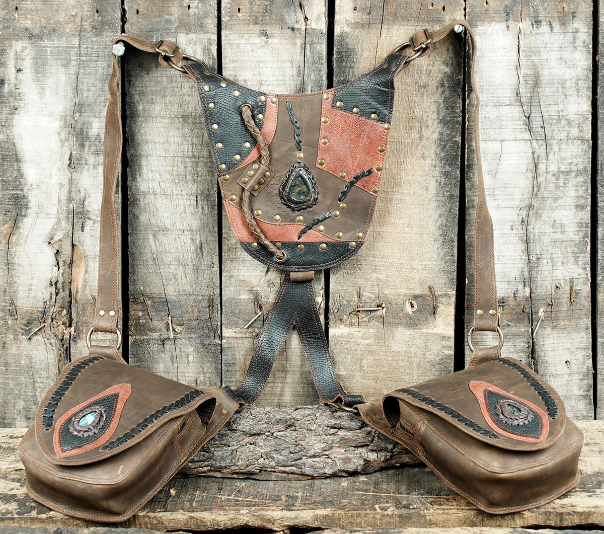 Steampunk leather double pouch belt with decorative stitching and metal studs
 