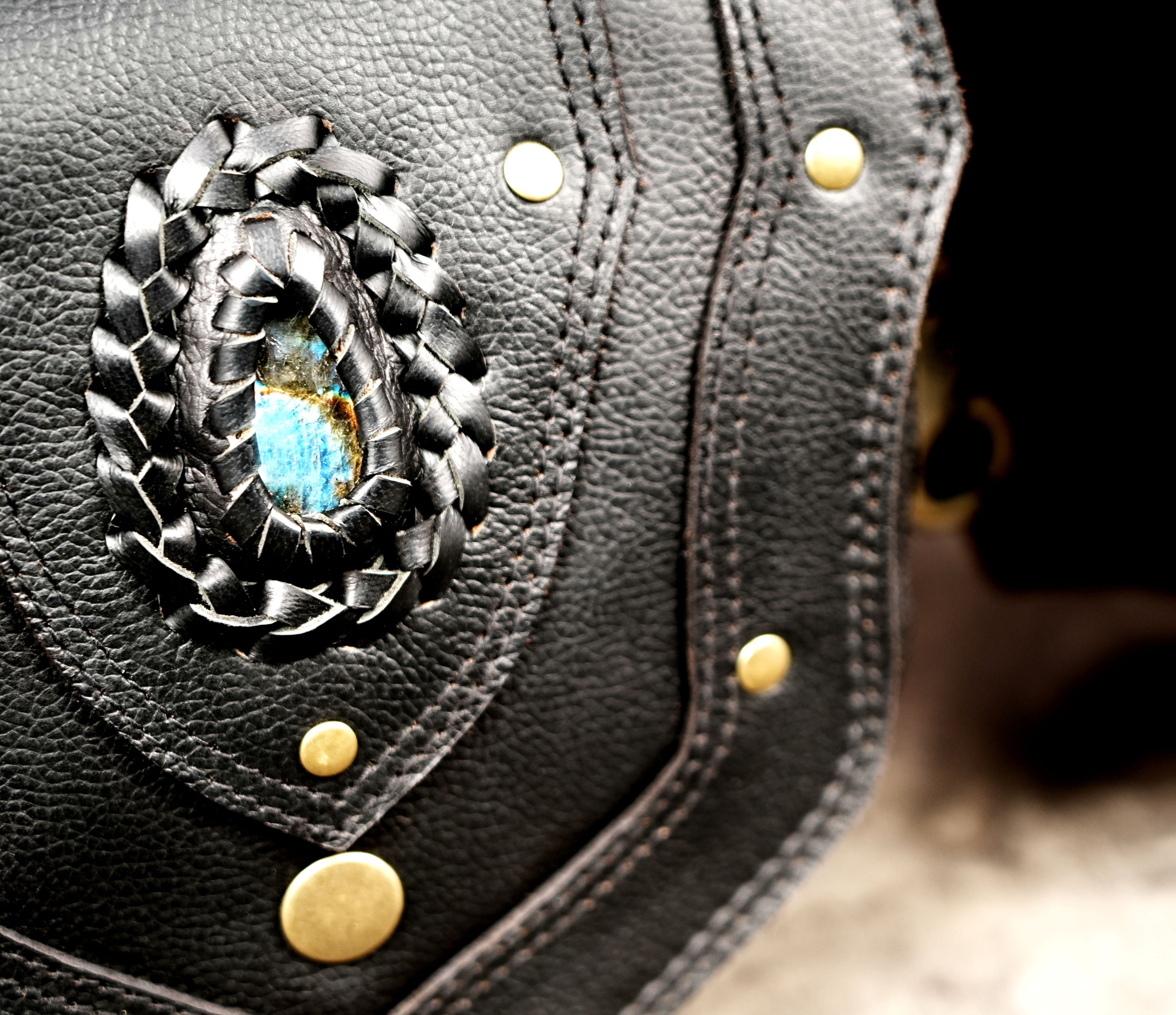 Multi-pocket leather waist bag with antique brass hardware