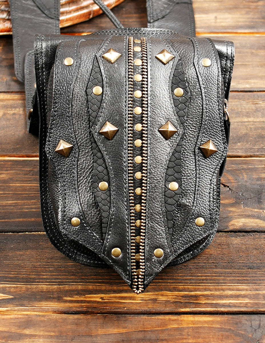 Unisex Black Leather Double Hip Pouch Harness with Studs