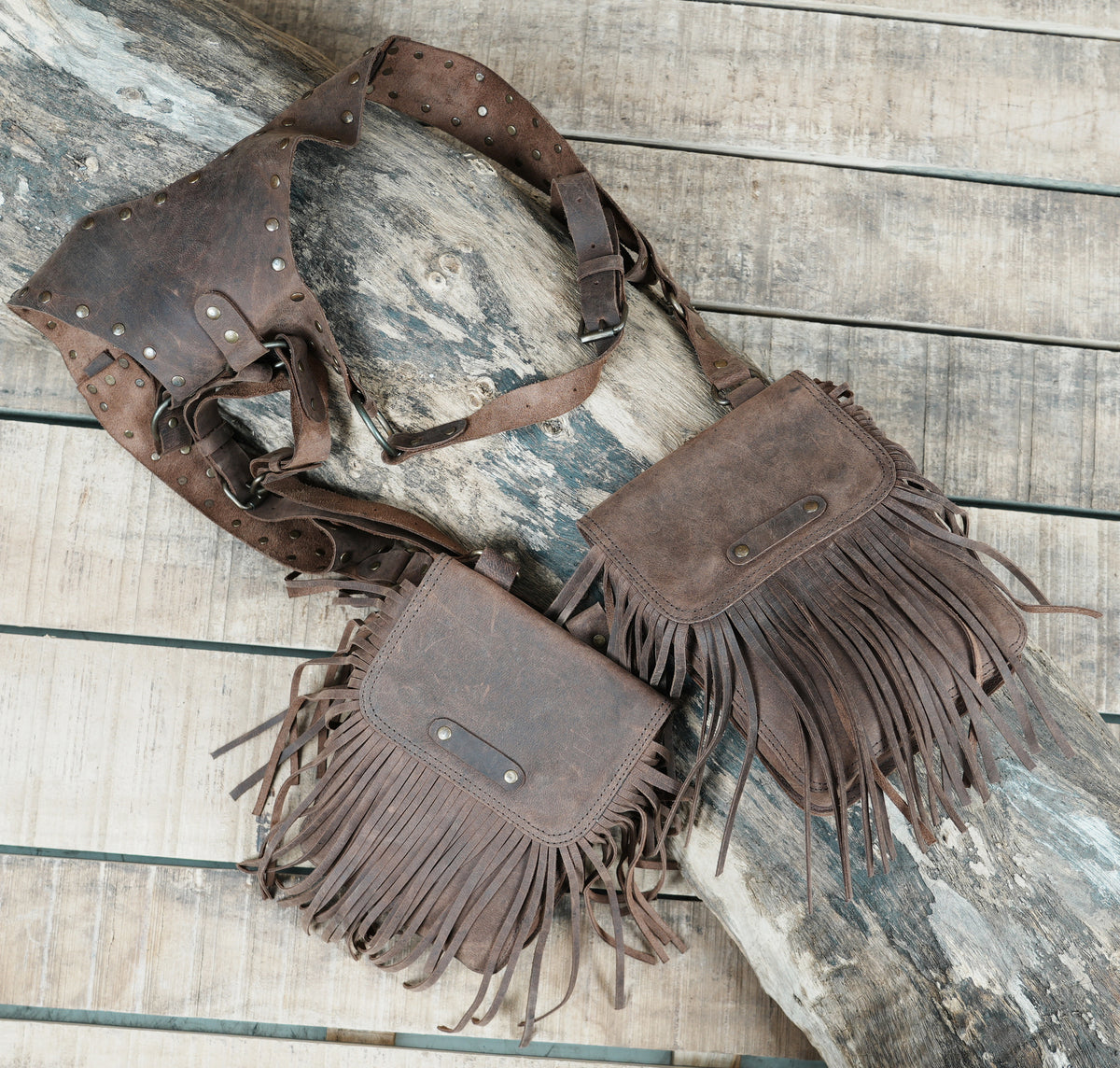 Brown Leather Chest Harness Bag with Fringe Pockets and Studded Yoke