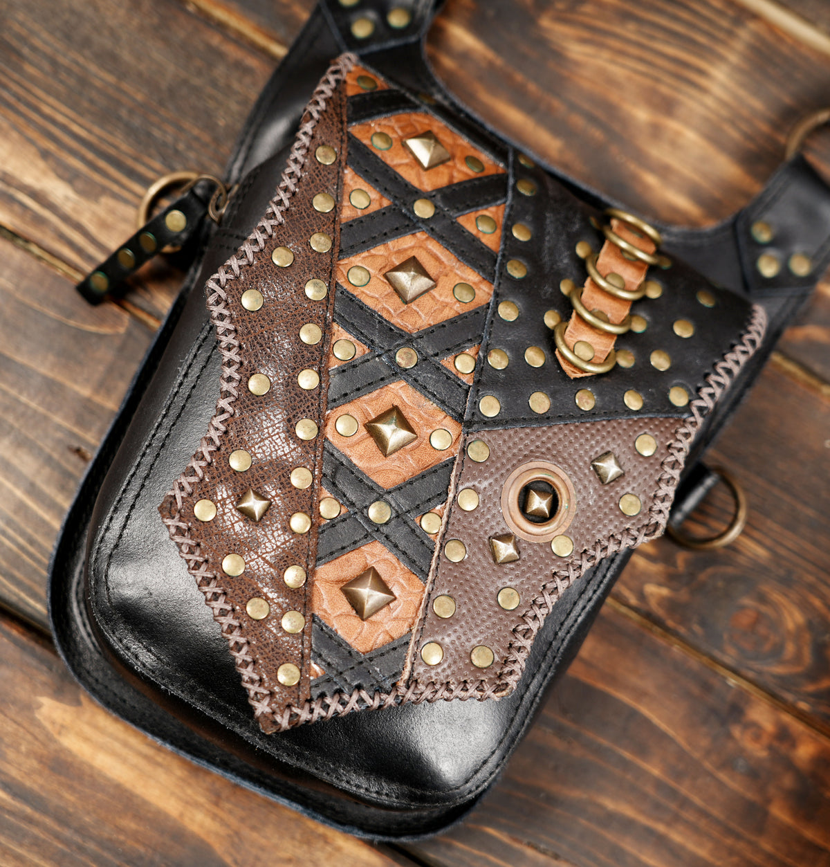 Unisex Black Double Pouch Harness Bag with Antique Brass Studs