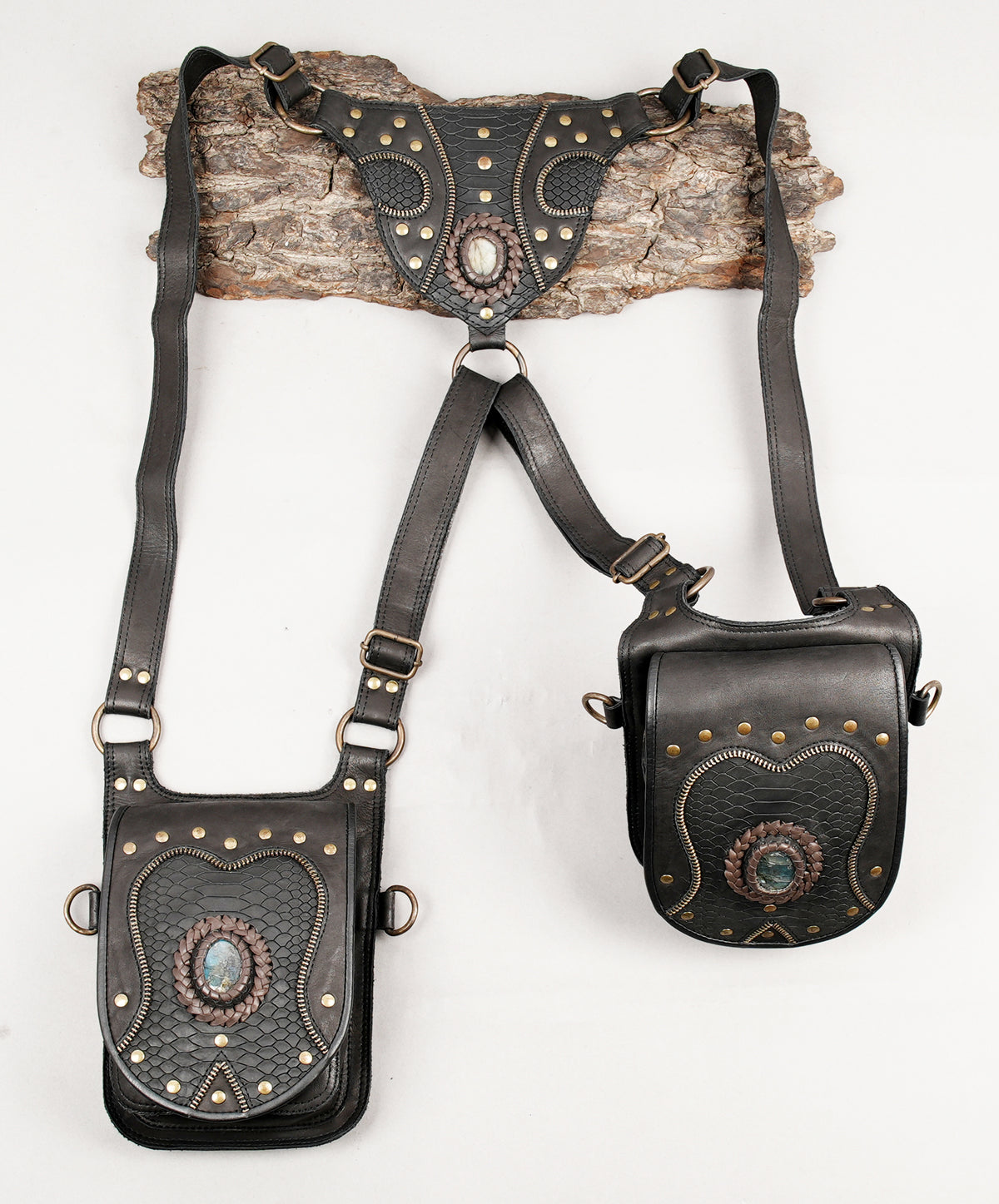 Unisex leather thigh harness bag with decorative gemstone pockets and adjustable straps